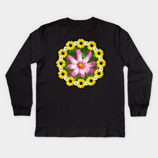 pink cosmos flower with sunflowers and daisy blossoms Kids Long Sleeve T-Shirt